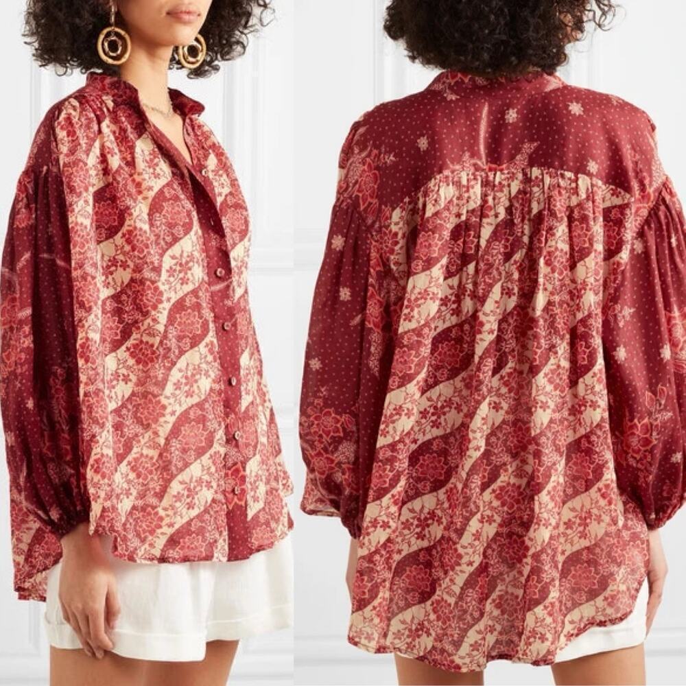 Zimmermann Eyes On Summer Floral Printed Blouse Burgundy/Cream Size US 4